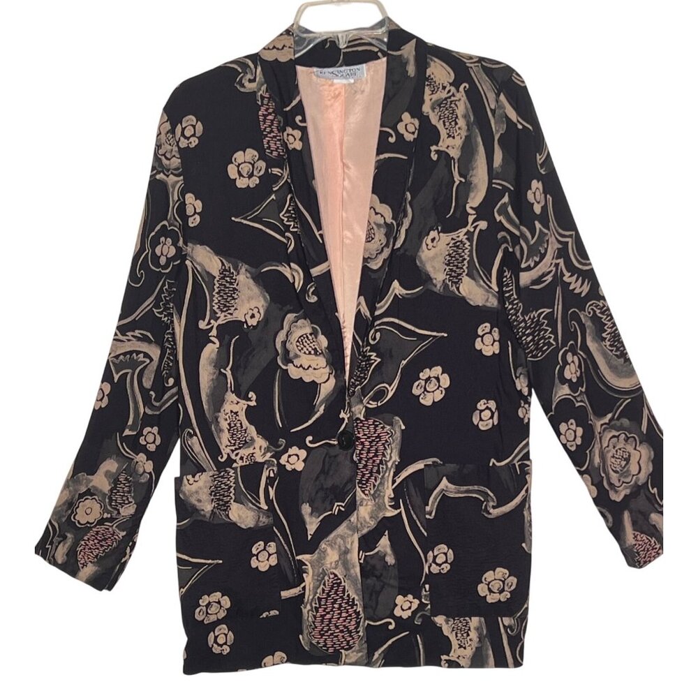 Kensington Square SMALL Black Floral Rayon Blazer Jacket Pockets VTG Career Y2K